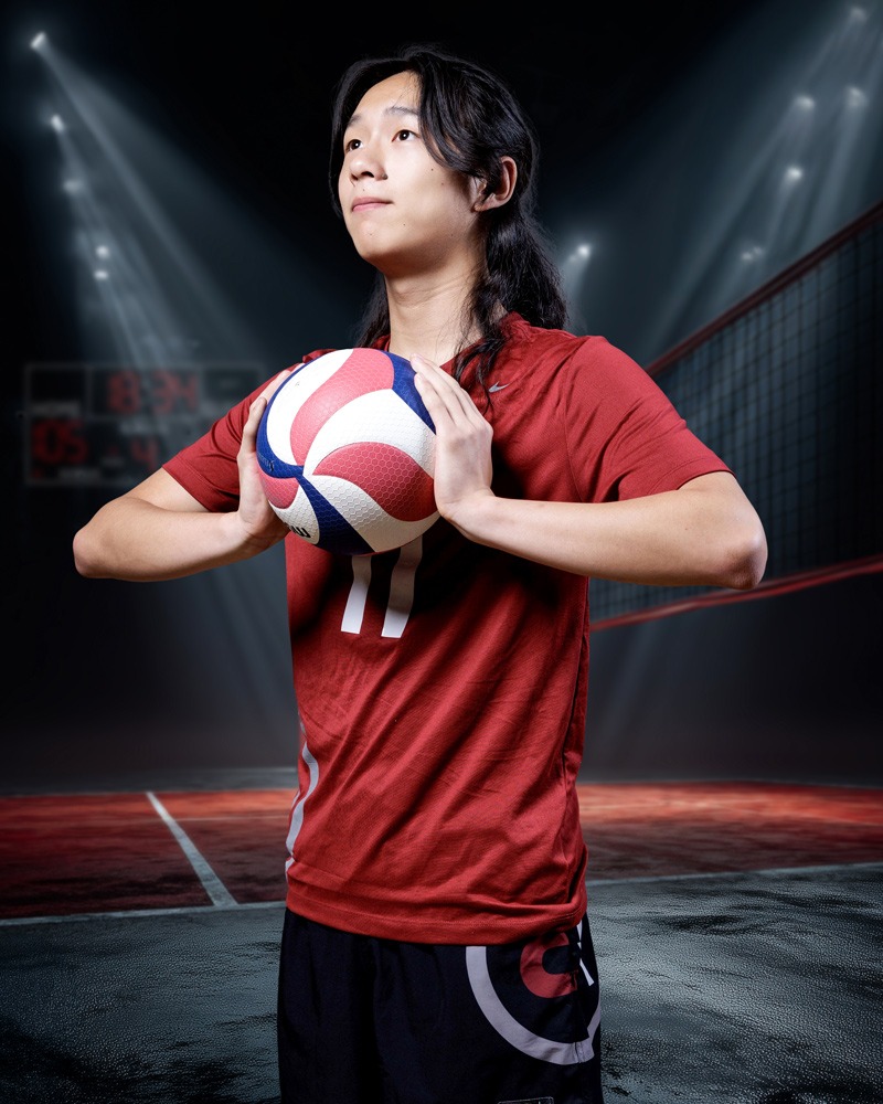 Indoors or outdoors sports team photography on backdrop composite dramatic poses with Photoshop composite backgrounds Red Rock Volleyball team in Alameda, Northern California